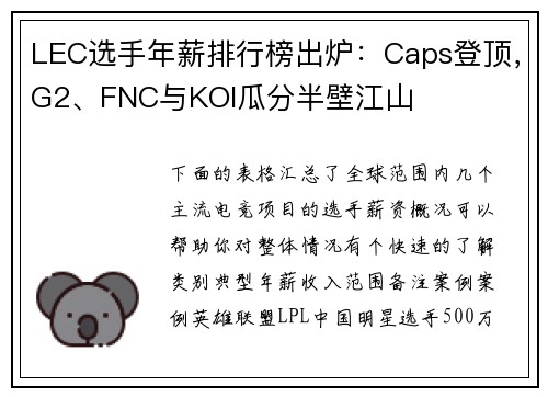 LEC选手年薪排行榜出炉：Caps登顶，G2、FNC与KOI瓜分半壁江山